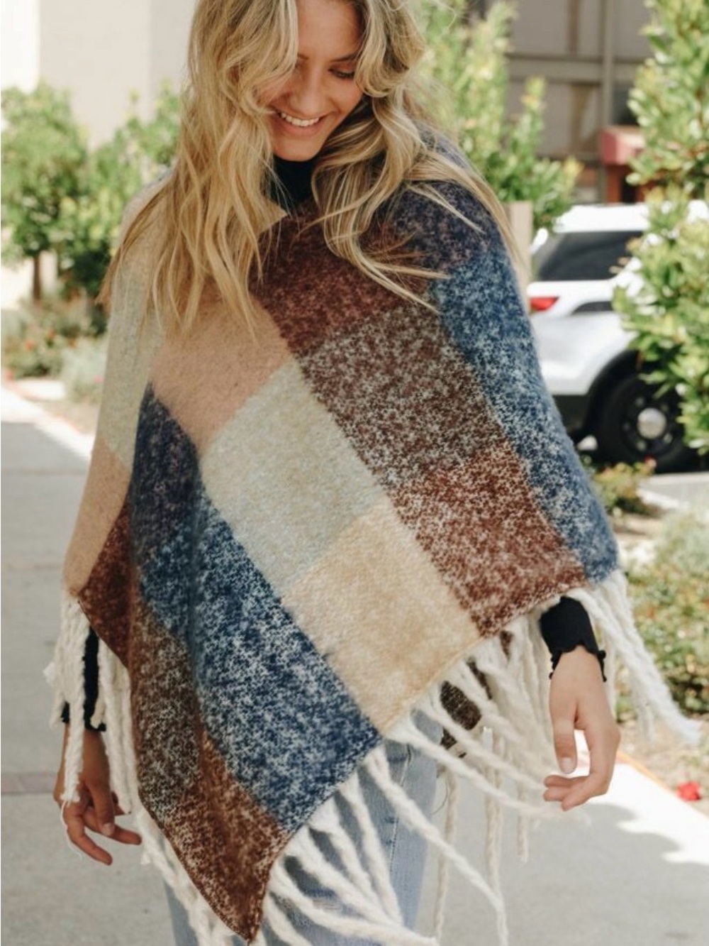 Patchwork Fringe Cape Poncho in Blue, Brown and Cream
